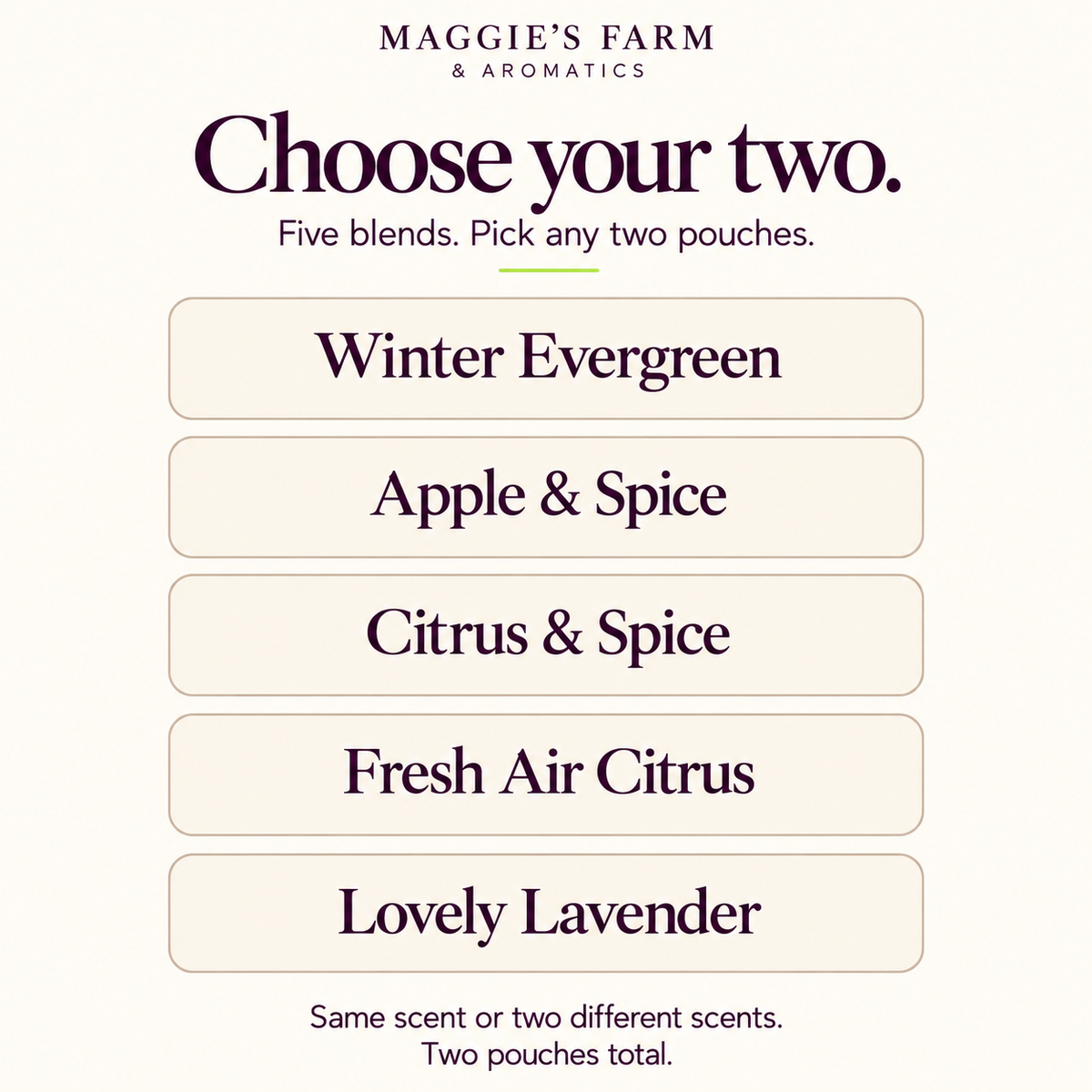 Choose any two pouches from Winter Evergreen, Apple & Spice, Citrus & Spice, Fresh Air Citrus, and Lovely Lavender