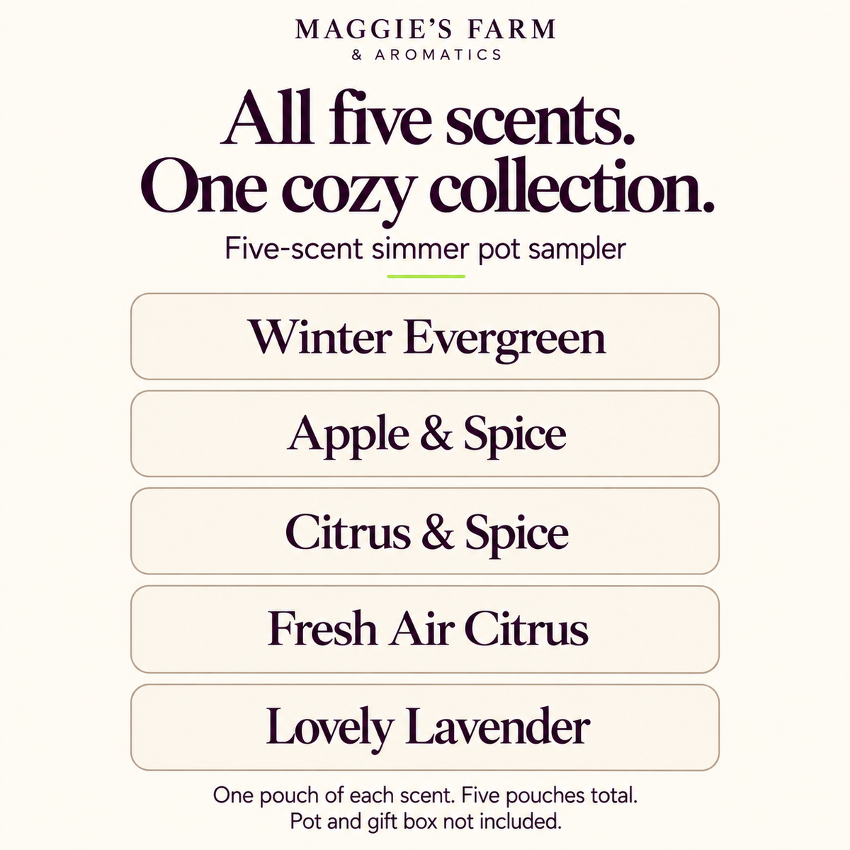 Five-Scent Simmer Pot Sampler: one pouch each of Winter Evergreen, Apple & Spice, Citrus & Spice, Fresh Air Citrus, and Lovely Lavender; five pouches total. Pot and gift box not included.