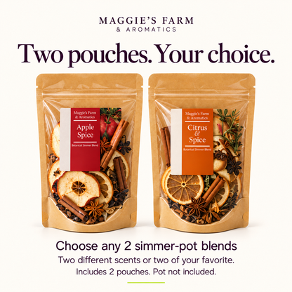 Two pouches total: choose two different simmer-pot scents or two of one scent; pot not included. Styled product illustration.