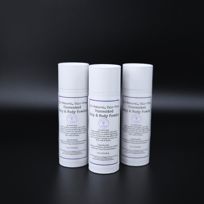 Three white Unscented body powder containers