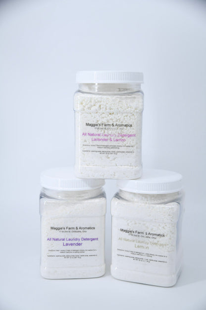Three laundry detergent containers in Lavender & Lemon, Lavender, and Lemon