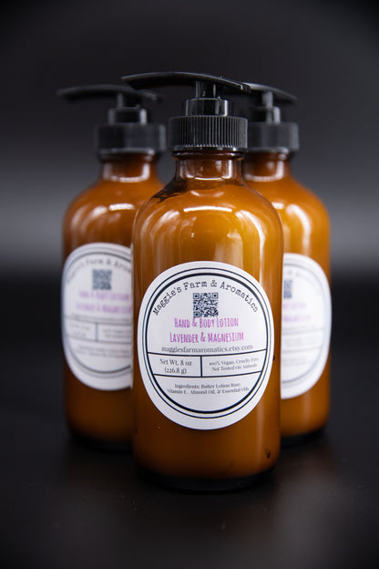 Four amber pump bottles of Lavender and Magnesium lotion
