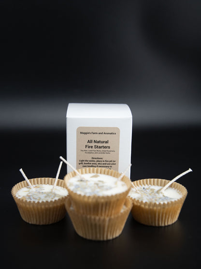Three soy wax fire starters in front of a product box