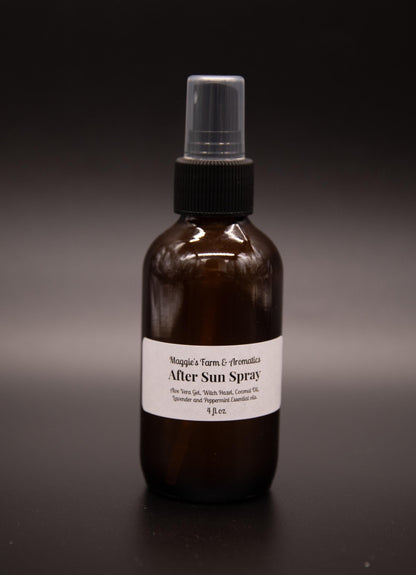 Single brown glass after-sun body mist spray bottle on a dark background