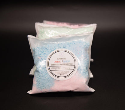 Close view of a Strawberry and Blueberry fizzy bath sand bag