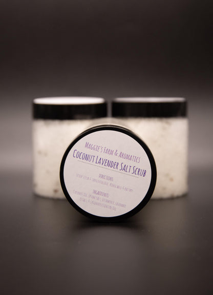 Close view of a Coconut Lavender salt scrub jar