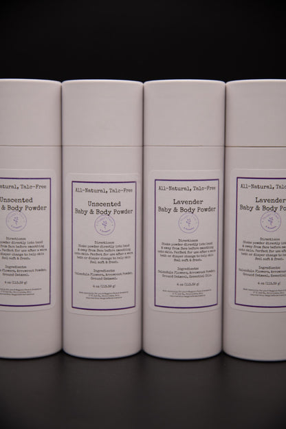 Four Unscented and Lavender body powder containers