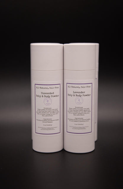 Unscented and Lavender body powder containers side by side