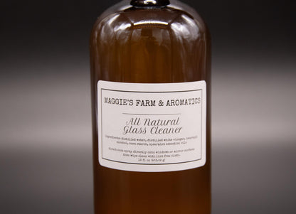 Close view of the label on an amber glass cleaner bottle