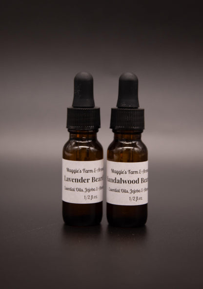 Close view of Lavender and Sandalwood beard oil bottles