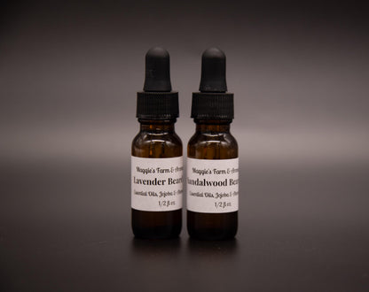 Lavender and Sandalwood beard oil dropper bottles