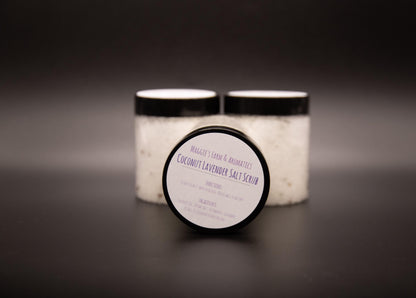 Coconut Lavender salt scrub jar in front of two jars