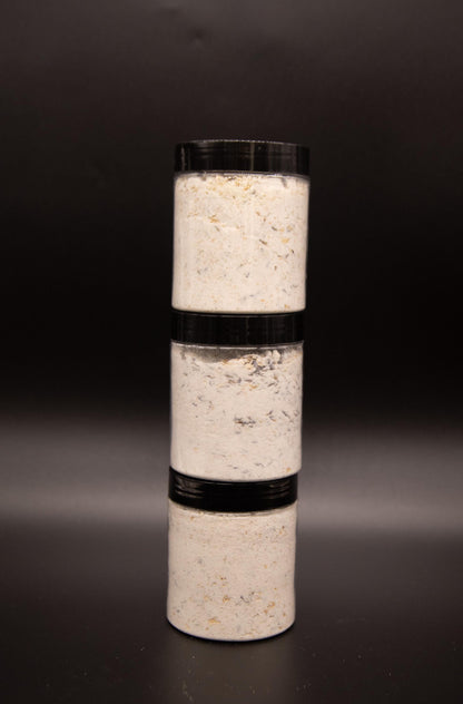 Three Lavender Oatmeal milk bath soak jars stacked vertically