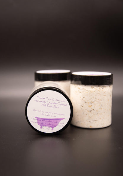 Lavender Oatmeal milk bath soak jar in front of two jars