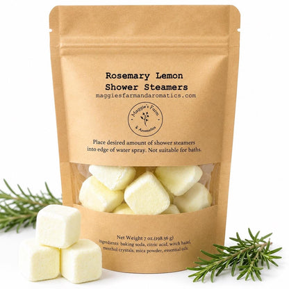 Rosemary Lemon shower steamers in a resealable kraft bag with pale-yellow cubes and rosemary sprigs