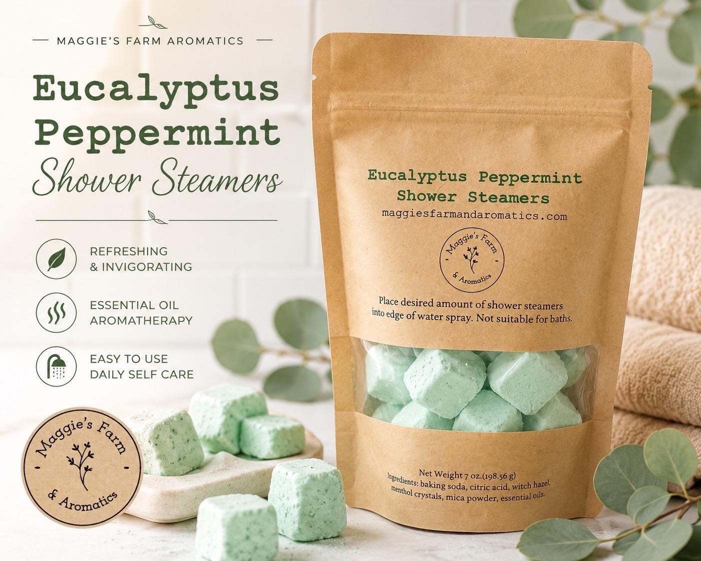 Shower Steamers product photo from Maggie's Farm & Aromatics Etsy listing