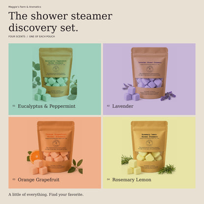 Shower steamer discovery set with one pouch each of Eucalyptus & Peppermint, Lavender, Orange Grapefruit, and Rosemary Lemon.