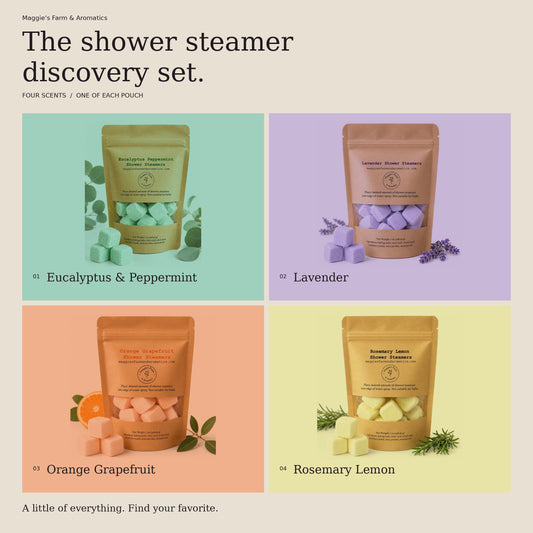 Shower steamer discovery set with one pouch each of Eucalyptus & Peppermint, Lavender, Orange Grapefruit, and Rosemary Lemon.